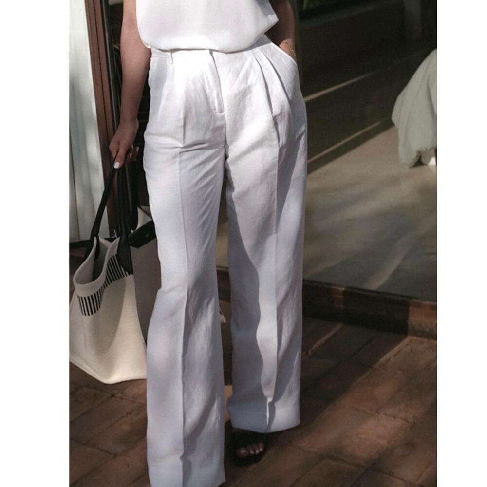Iris Von Arnim White Linen Viscose Double Pleated Trousers  Size FR38 US8